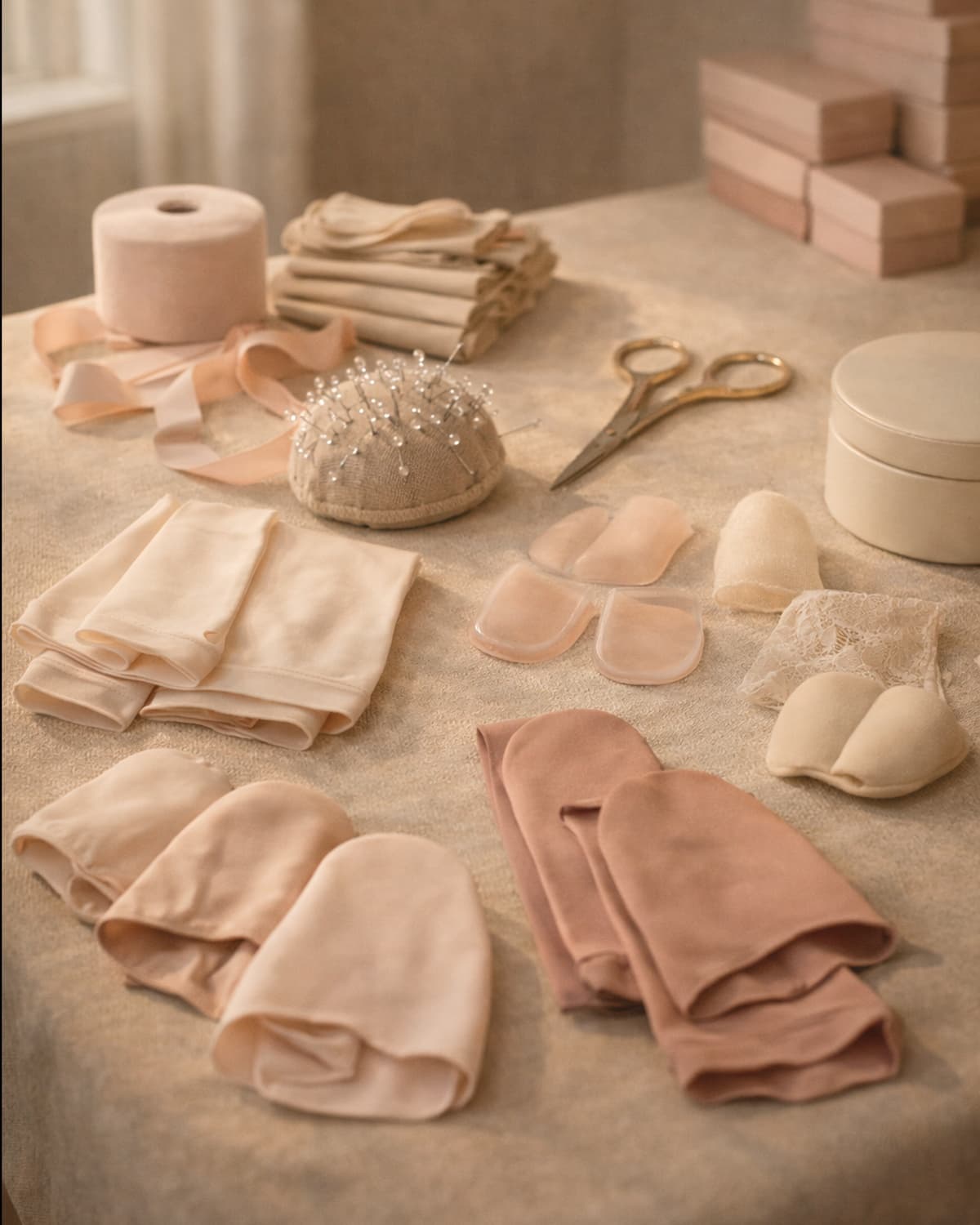 Dance accessories arranged on a boutique counter with soft daylight.