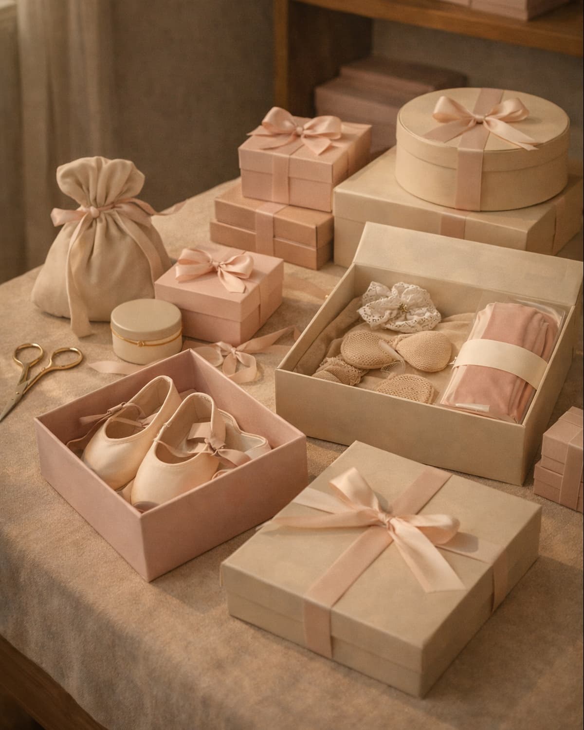 Gift-ready boutique dancewear accessories arranged in a premium display.