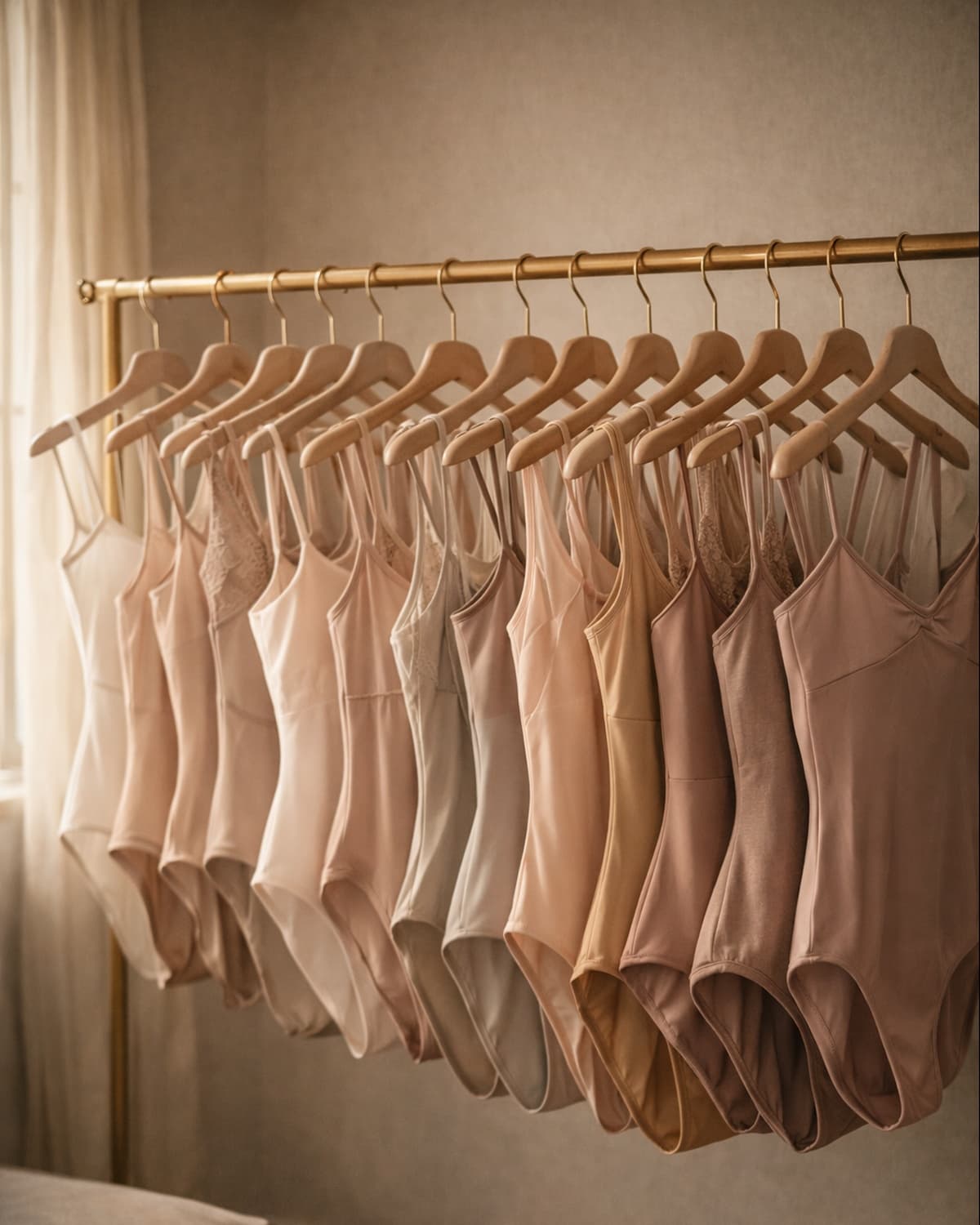 Curated rack of boutique leotards in soft neutral tones.