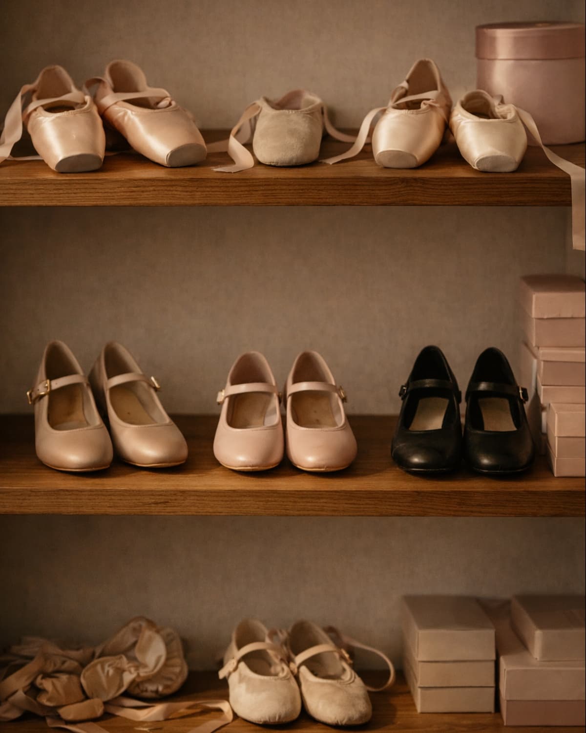 Premium ballet and dance shoes displayed on warm wood shelves.