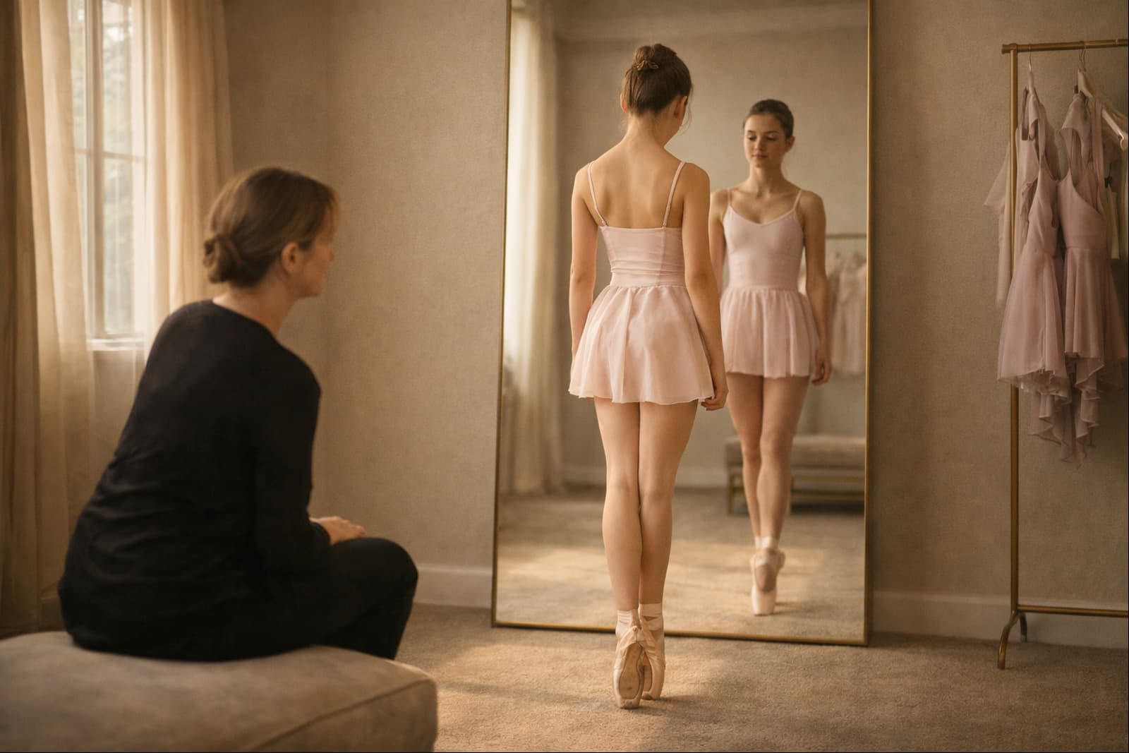 Dancer checking pointe shoe alignment in a boutique mirror fitting area.